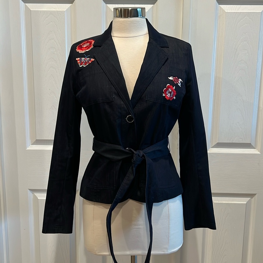 New York & Company Denim Floral Appliqué Belted Blazer Jacket